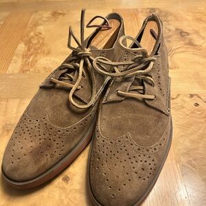 Sperry Deep Tan Suede Wingtip Derby Shoes, traditional red safety grip sole.
